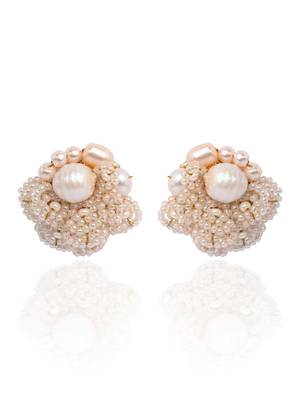 Gold plated round flower pearl earrings peach crystal 3