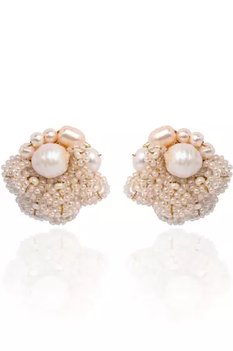 Gold plated round flower pearl earrings peach crystal
