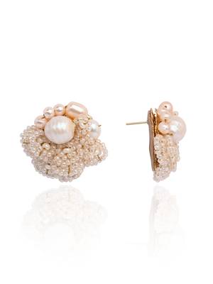 Gold plated round flower pearl earrings peach crystal 4