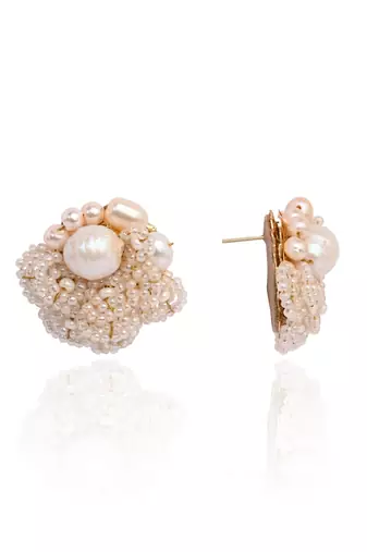 Gold plated round flower pearl earrings peach crystal