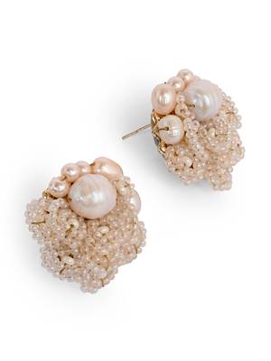Gold plated round flower pearl earrings peach crystal 5