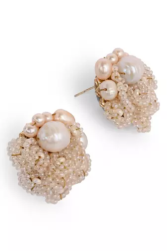 Gold plated round flower pearl earrings peach crystal