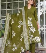 Green Floral Printed Round Neck Pure Cotton Kurta With Trouser & Dupatta