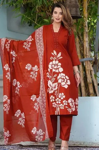 Red Floral Printed Round Neck Pure Cotton Kurta With Trouser & Dupatta
