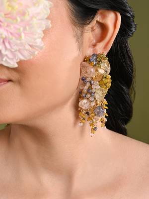 Colourful precious stone gold plated long chain earrings 1