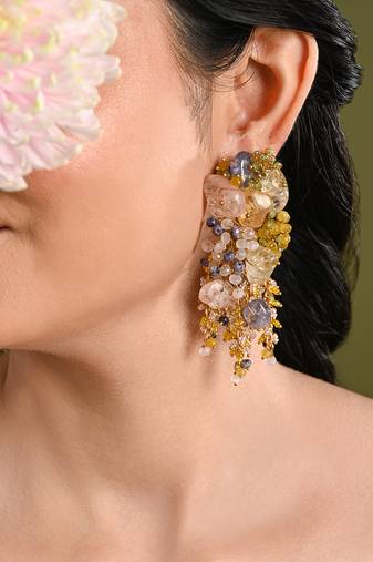 Colourful precious stone gold plated long chain earrings