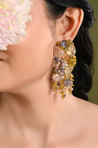 Colourful precious stone gold plated long chain earrings