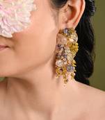 Colourful precious stone gold plated long chain earrings