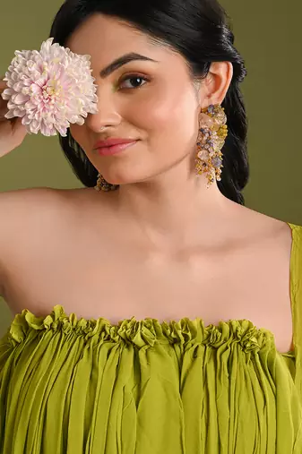 Colourful precious stone gold plated long chain earrings