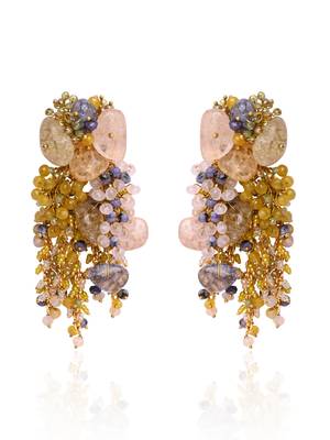 Colourful precious stone gold plated long chain earrings 3