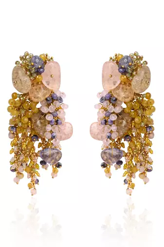 Colourful precious stone gold plated long chain earrings