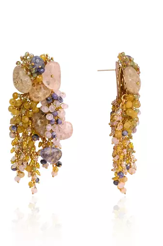 Colourful precious stone gold plated long chain earrings