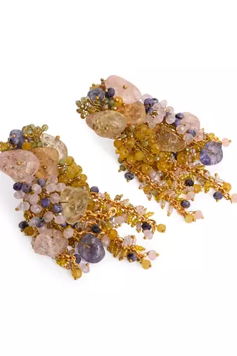 Colourful precious stone gold plated long chain earrings