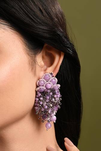 Designer long earrings with purple lilac stones