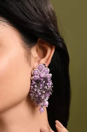 Designer long earrings with purple lilac stones