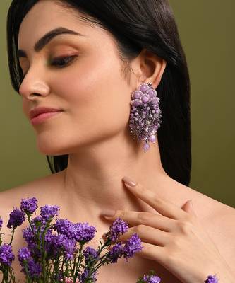 Designer long earrings with purple lilac stones 2