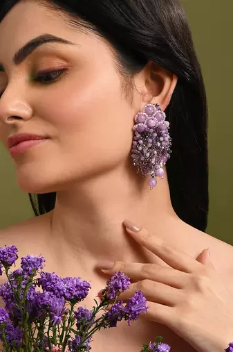 Designer long earrings with purple lilac stones