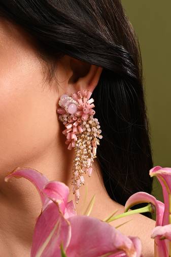 Baby pink shaded gold plated chain tassel long earrings