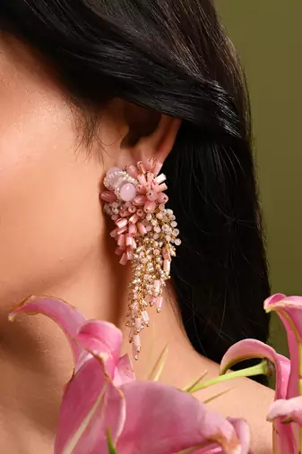 Baby pink shaded gold plated chain tassel long earrings