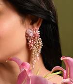 Baby pink shaded gold plated chain tassel long earrings