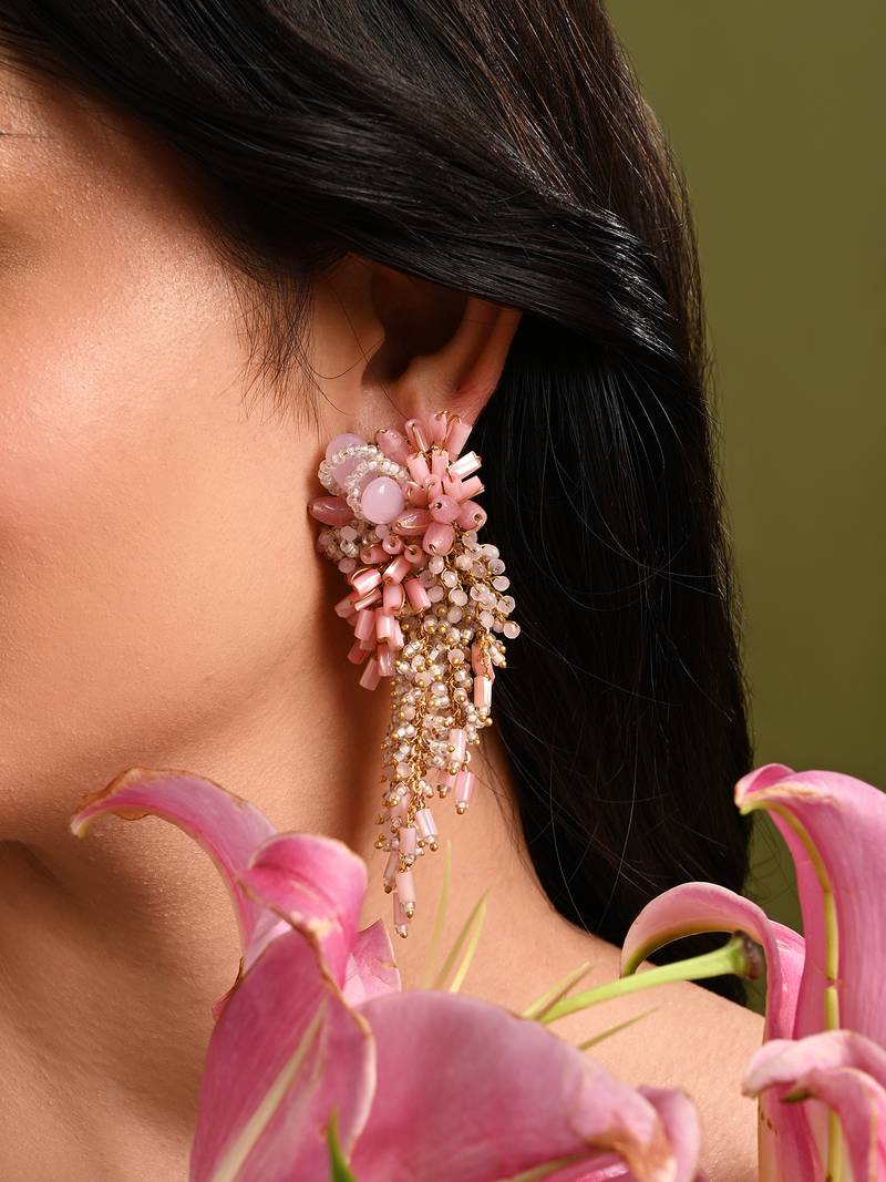 Baby pink shaded gold plated chain tassel long earrings