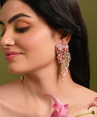 Baby pink shaded gold plated chain tassel long earrings 2