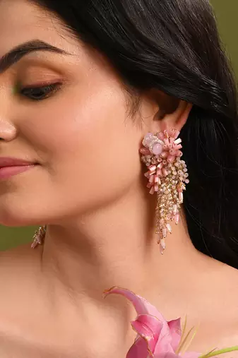 Baby pink shaded gold plated chain tassel long earrings