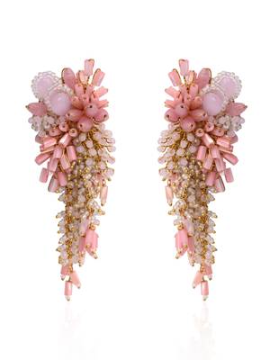 Baby pink shaded gold plated chain tassel long earrings 3