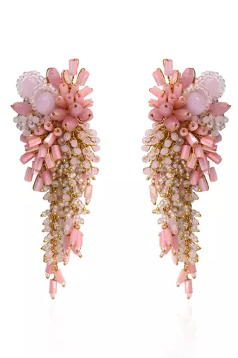 Baby pink shaded gold plated chain tassel long earrings