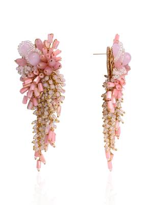 Baby pink shaded gold plated chain tassel long earrings 4