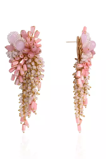 Baby pink shaded gold plated chain tassel long earrings