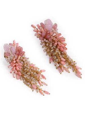 Baby pink shaded gold plated chain tassel long earrings 5