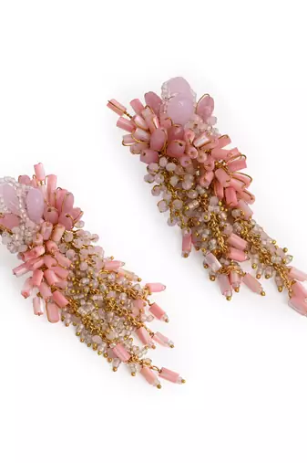 Baby pink shaded gold plated chain tassel long earrings