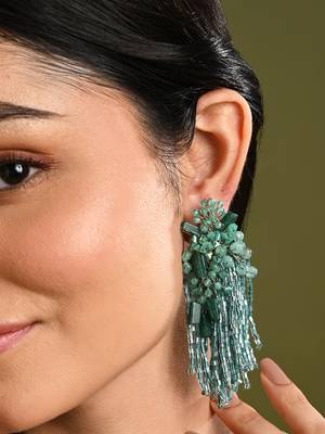 Gold plated emerald green long tassel earrings 1
