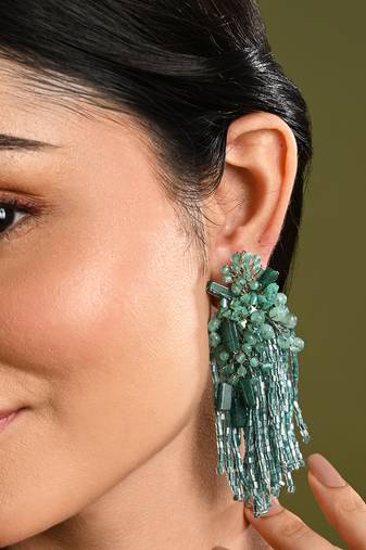 Gold plated emerald green long tassel earrings
