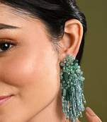 Gold plated emerald green long tassel earrings
