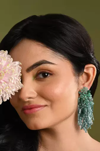 Gold plated emerald green long tassel earrings