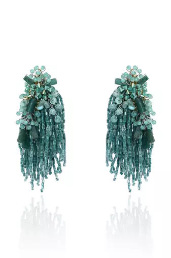 Gold plated emerald green long tassel earrings