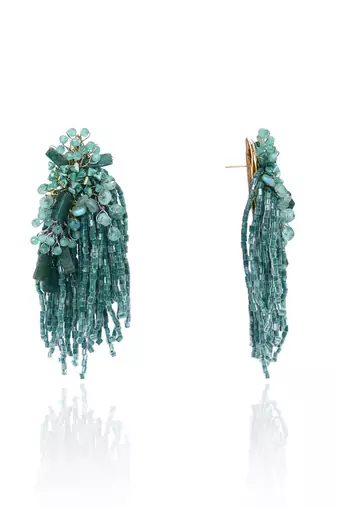 Gold plated emerald green long tassel earrings