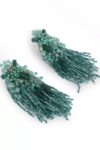 Gold plated emerald green long tassel earrings