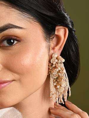 Beige long crystal tassel haldi earrings 1
