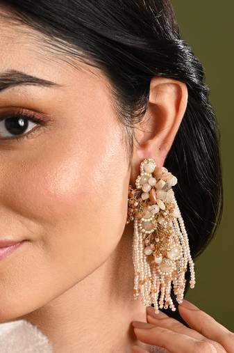 Beige long crystal tassel haldi earrings