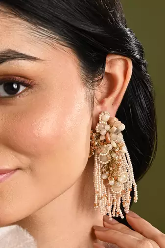 Beige long crystal tassel haldi earrings