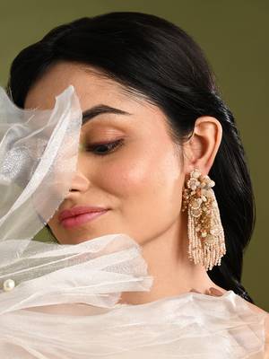 Beige long crystal tassel haldi earrings 2