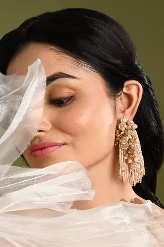 Beige long crystal tassel haldi earrings