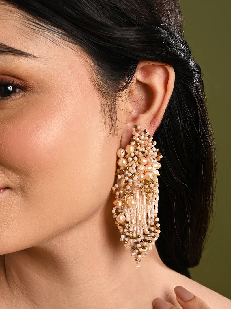 Fresh water pearl floral long earrings