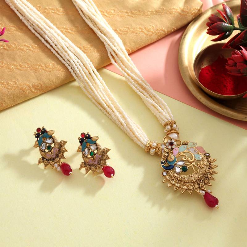 Multi color meena work matte gold necklace set