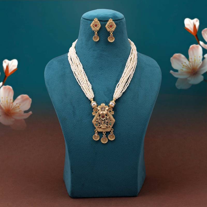 Rani & green color matte gold necklace set