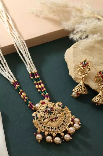 Pink & green color matte gold necklace set