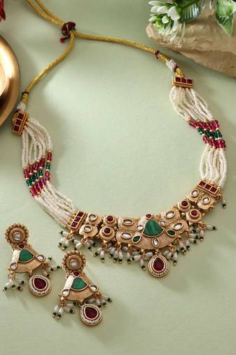 Rani & green color matte gold necklace set